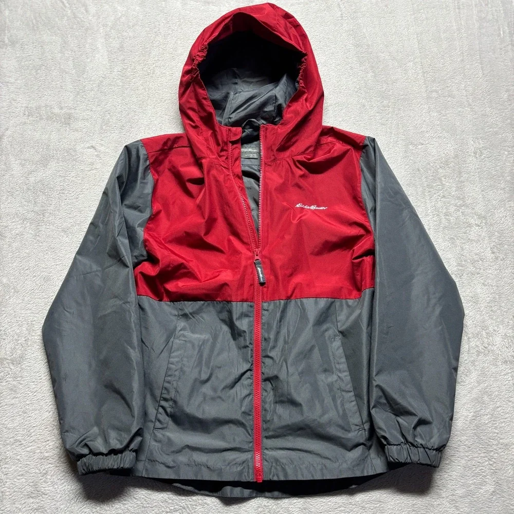 Eddie Bauer Jacket‎ Boys L 14/16 Windbreaker Full Zip Hooded Youth Kids Red Gray